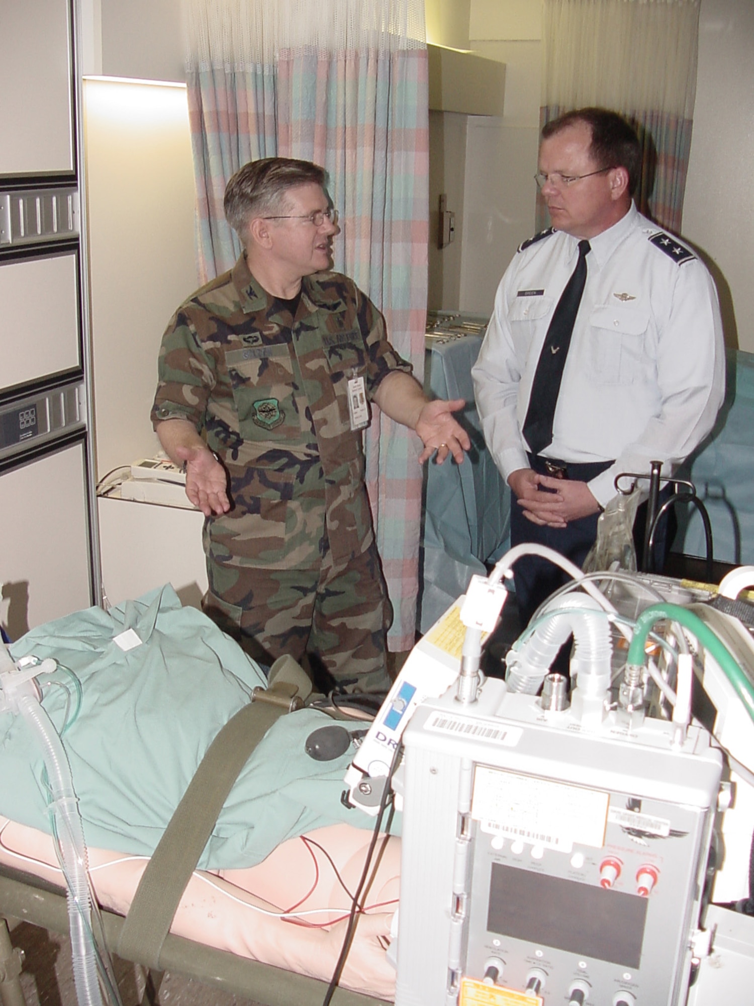 Maj. Gen. (Dr.) Charles B. Green, assistant surgeon general for health care operations, office of the Surgeon General at Bolling Air Force Base, Washington D.C. is briefed by Col. (Dr.) Stephen Golden, David Grant USAF Medical Center’s associate chief of the medical staff, on the development of the Simulation Center during a recent visit.  General Green is the Air Force Medical Service’s focal point for health care operations and is responsible for providing health care programs and policy guidance to more than 42,000 Airmen. (U.S. Air Force photo/Jim Spellman)
