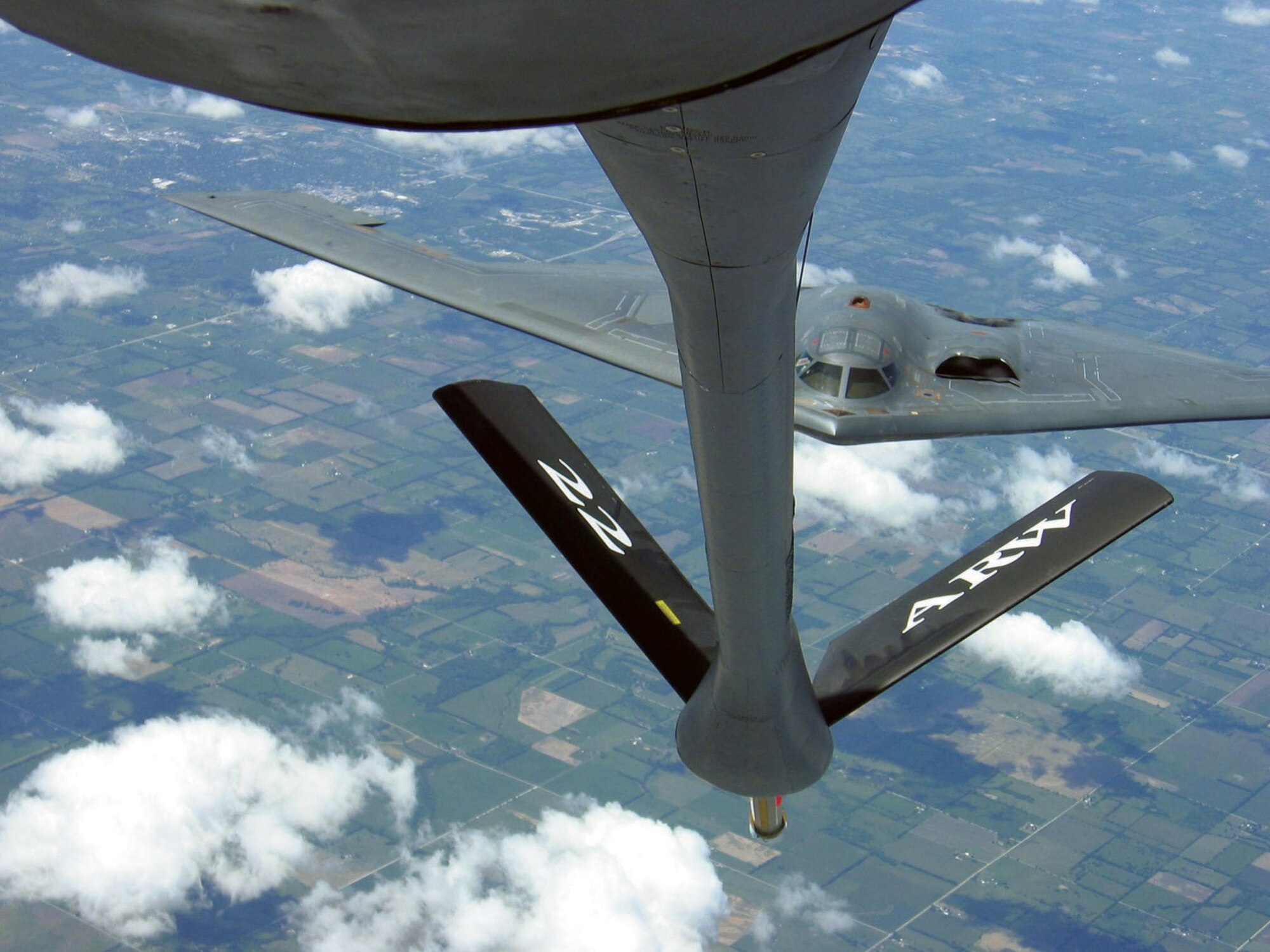 A 22nd Air Refueling Wing KC-135R Stratotanker prepares to refuel a B-2 Spirit bomber during an incentive flight provided by the 22nd ARW on May 17.