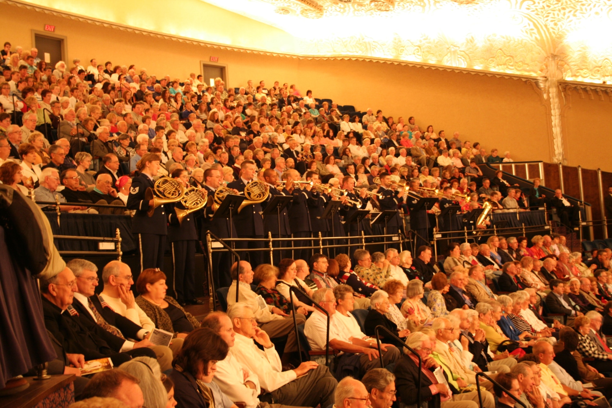 CLEVELAND — Members of the U.S. Air Force Band of Flight perform Tchaikovsky’s “1812 Overture” from the balcony of Cleveland’s Severance Hall with the Cleveland Pops Orchestra.  The piece, which represents Russia’s victory over Napoleon, was performed during the annual “Armed Forces Salute.” (Air Force photo by 1st Lt. Ellen Harr)

