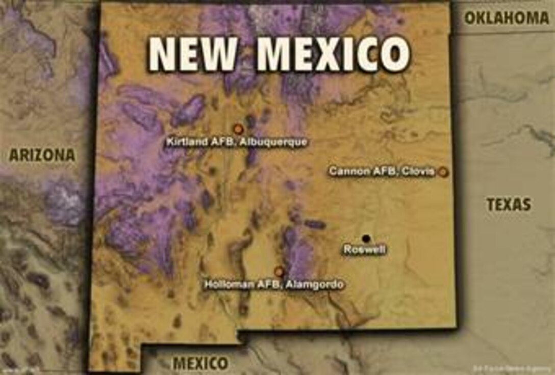 Map of New Mexico.  Image is 6.75x10 inches @ 72 ppi. Map graphic was created by SSgt Michele Thomas of the Air Force News Agecy. The information contained in this map is current as of June 2006.