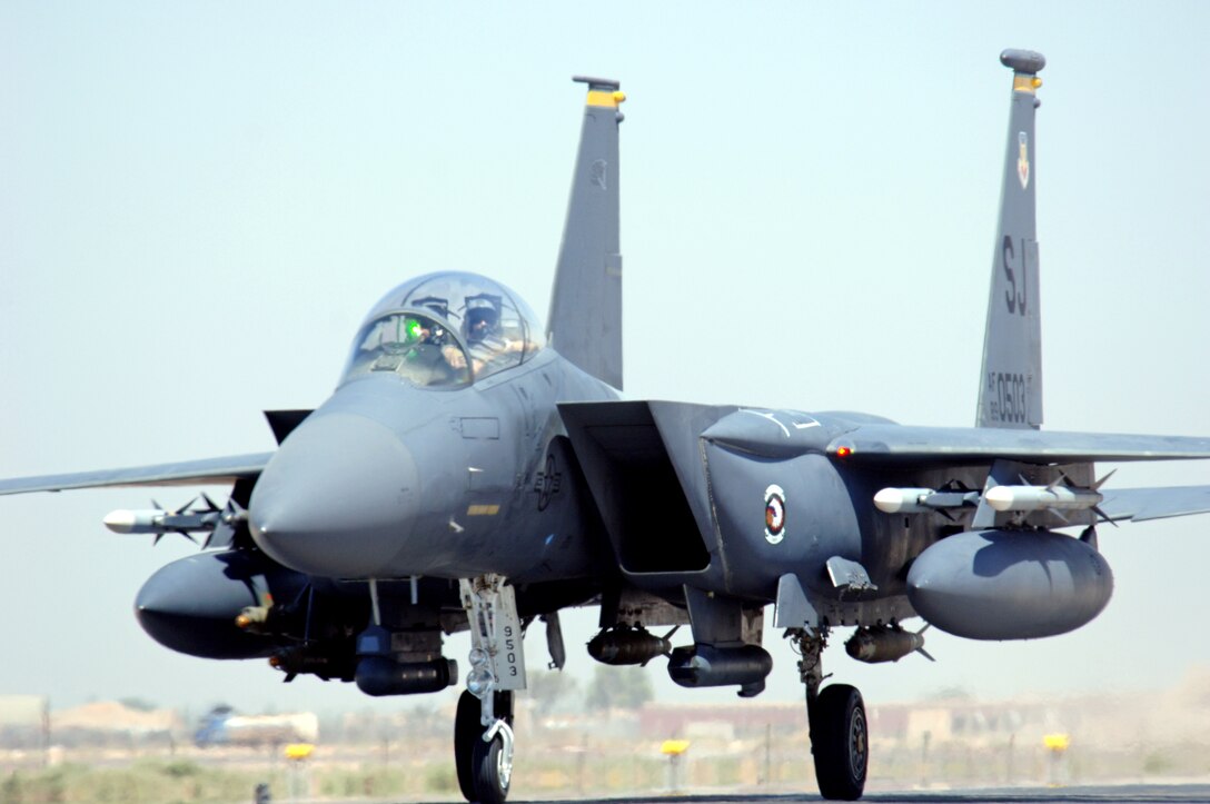An F-15E Strike Eagle taxis at Balad Air Base, Iraq, after an Operation Iraqi Freedom mission on Monday, June 12. The aircraft is deployed from Seymour Johnson Air Force Base, N.C. (U.S. Air Force photo/Staff Sgt. Tony R. Tolley) 