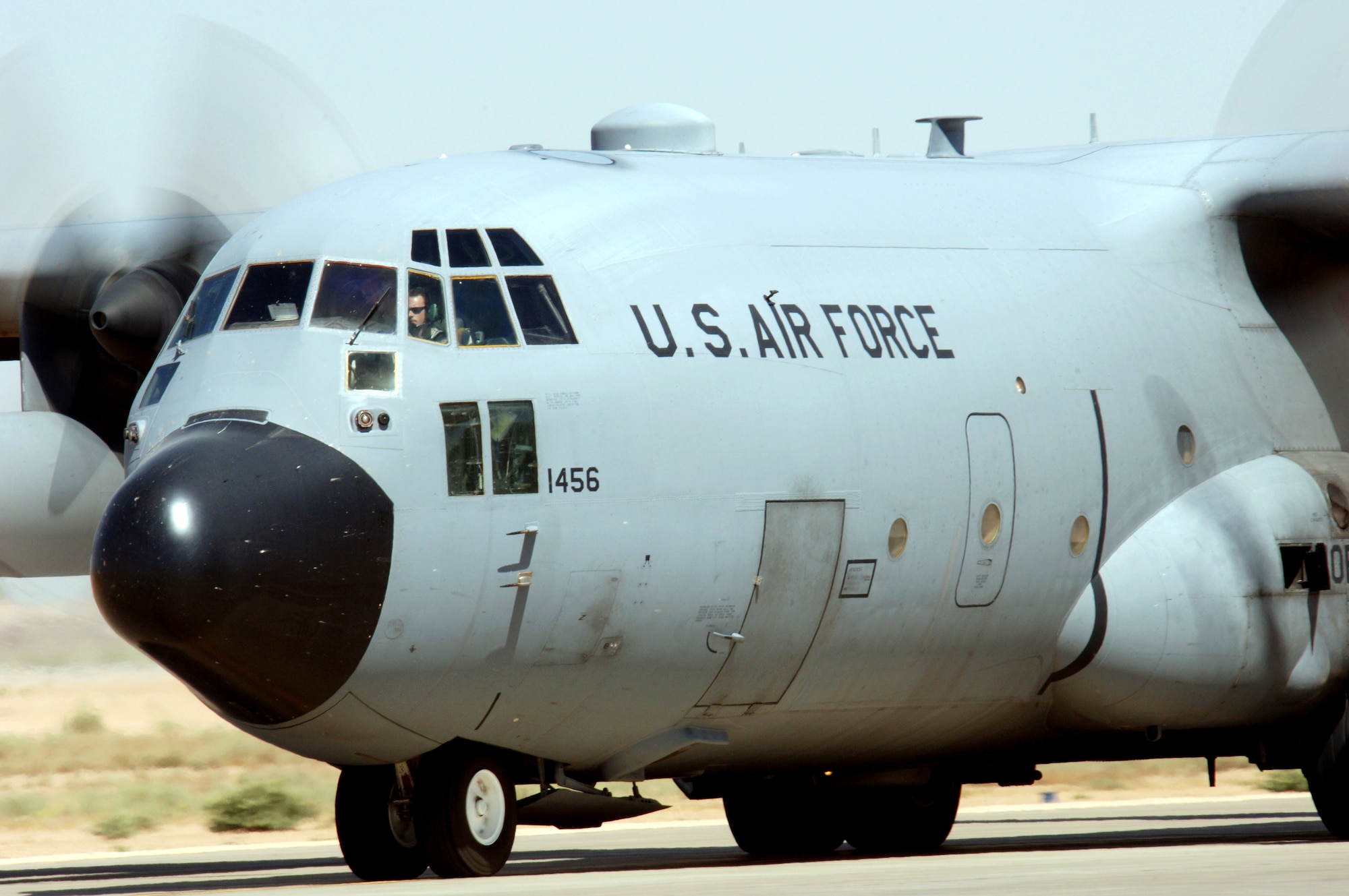 A C-130 Hercules taxis at Balad Air Base, Iraq, after an Operation Iraqi Freedom mission on Monday, June 12. The C-130 is deployed from the North Carolina Air National Guard's 145th Airlift Wing in Charlotte.  (U.S. Air Force photo/Staff Sgt. Tony R. Tolley) 