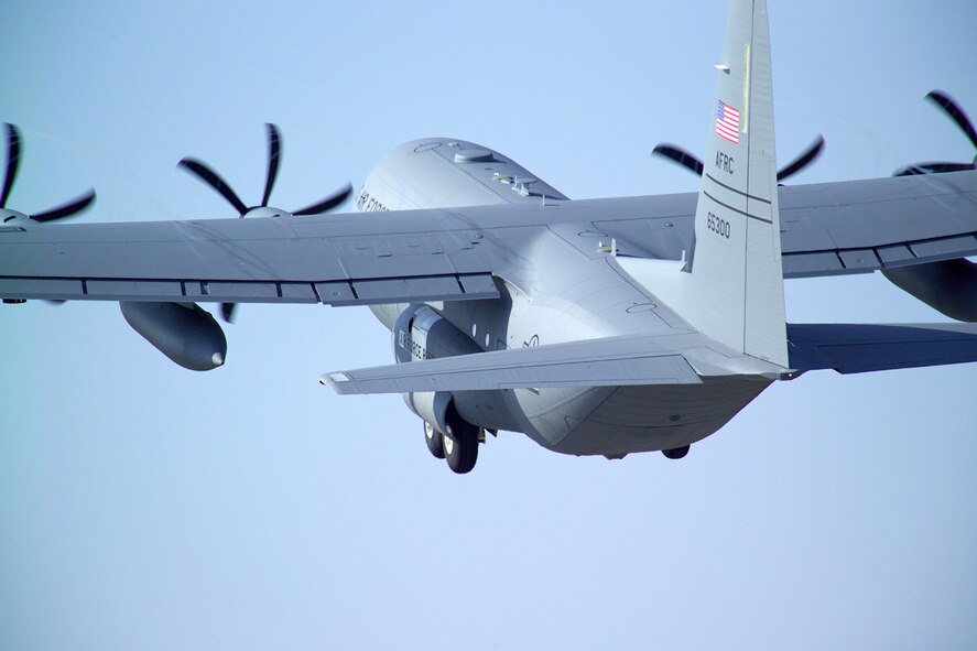 An Air Force Reserve Command WC-130J Hercules from the 403rd Wing at Keesler Air Force Base, Miss., takes off to hunt another hurricane.  The 403rd is the only Department of Defense unit with the designated mission of flying into hurricanes to gather critical data for the National Weather Service.   (U.S. Air Force file photo)