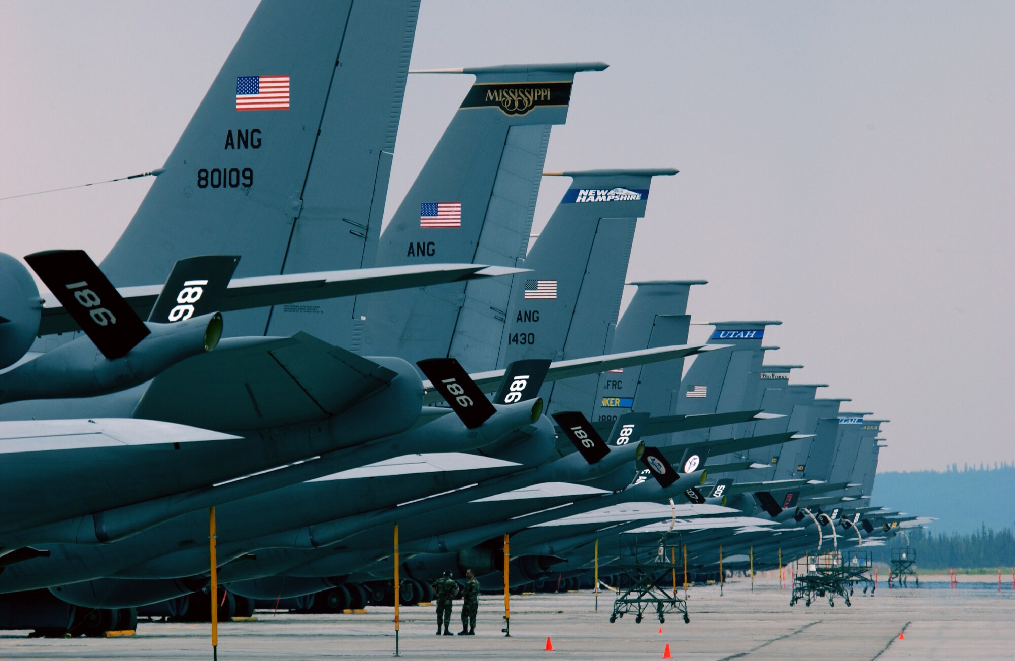 EIELSON AIR FORCE BASE, Alaska -- Tail markings from multiple KC-135 Stratotanker units are displayed here during exercise Northern Edge. Northern Edge 2006 is a joint training exercise hosted by Alaskan Command and is one of a series of U.S. Pacific Command exercises that prepare joint forces to respond to crises in the Asian Pacific region.
USAF Photo by SSgt Joshua Strang
(Released)