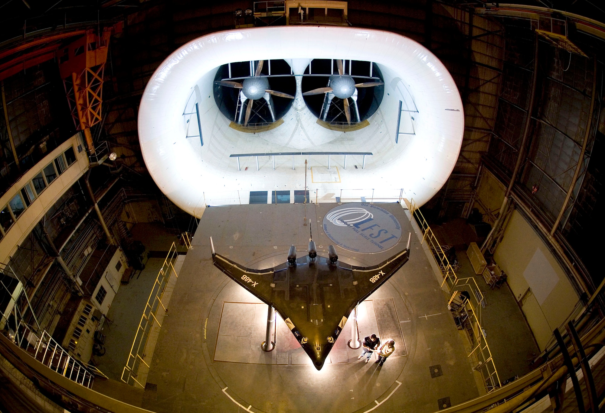 Engineers have installed a small-scale blended wing body prototype at the full scale wind tunnel at NASA's research center at Langley Air Force Base, Va. The Air Force Research Laboratory partnered with Boeing Phantom Works and the National Aeronautics and Space Administration to study the structural, aerodynamic and operational advantages of the advanced aircraft concept, dubbed the X-48B. (Boeing photo/Bob Ferguson)
