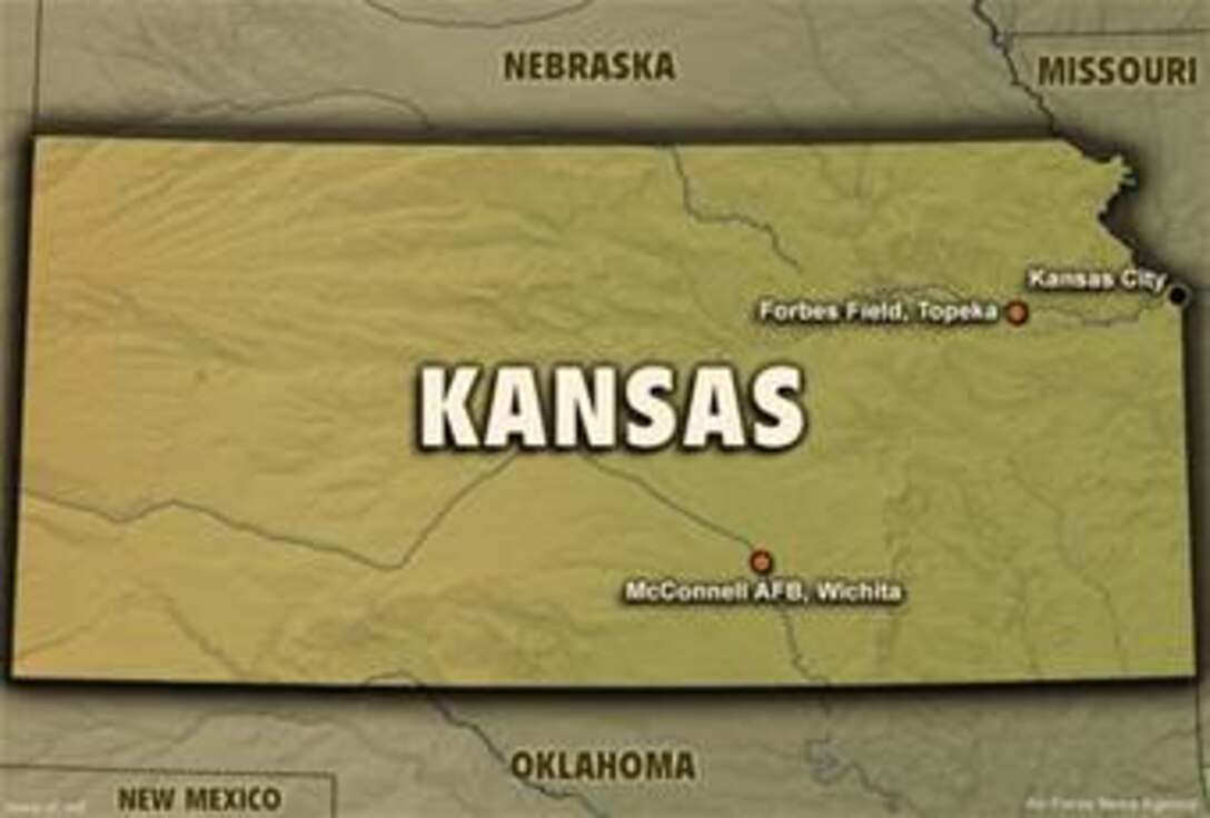 Map of Kanasas.  Image is 6.75x10 inches @ 72 ppi. Map graphic was created by SSgt Michele Thomas of the Air Force News Agecy. The information contained in this map is current as of June 2006.