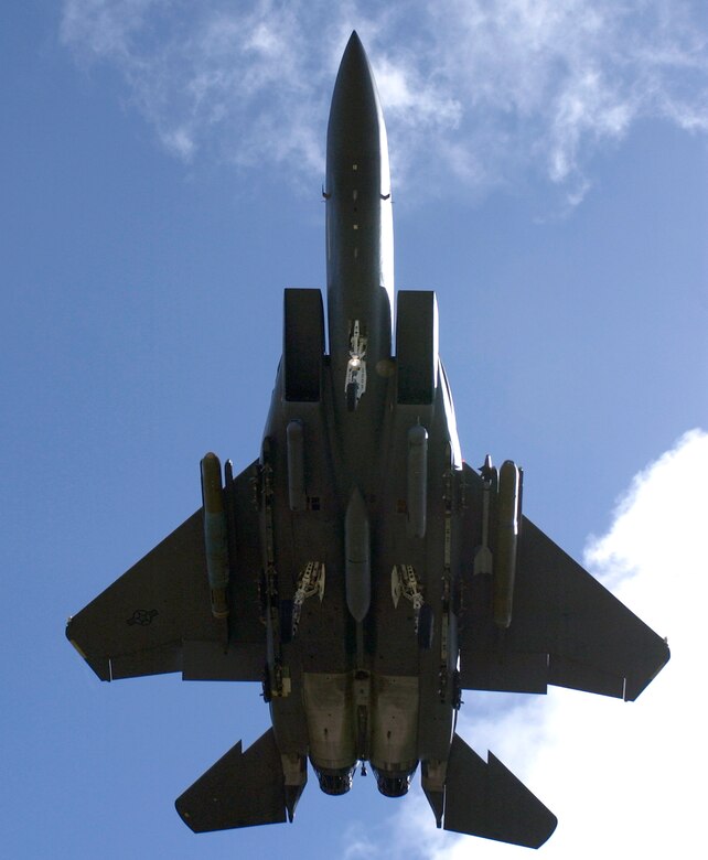An F-15E Strike Eagle from Elmendorf Air Force Base, Alaska, prepares to land at Andersen AFB, Guam, on Wednesday, June 14. The Strike Eagles are here through September as part of an air expeditionary deployment. (U.S. Air Force photo/Airman 1st Class Michael S. Dorus)