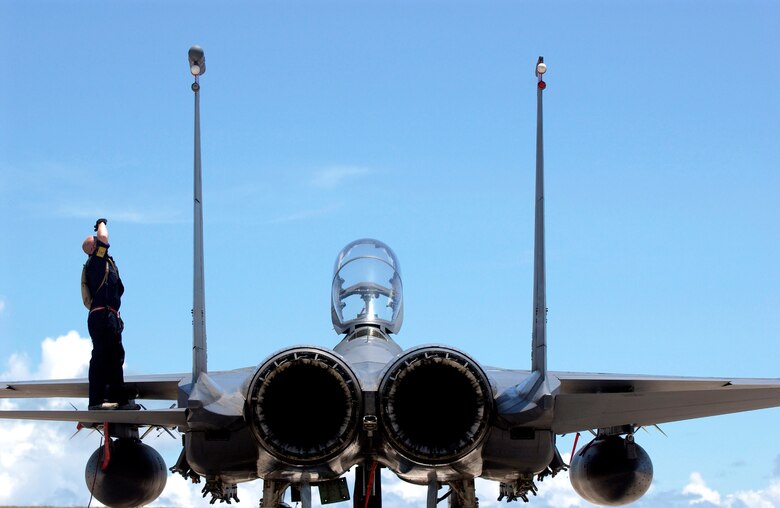 Senior Airman Casey Rietdyk checks an F-15E Strike Eagle for airframe damage after a training sortie at Andersen Air Force Base, Guam, on June 5. The Strike Eagles are here through September as part of an air expeditionary deployment. Airman Rietdyk is assigned to the 36th Expeditionary Aircraft Maintenance Squadron. (U.S. Air Force photo/Airman 1st Class Michael S. Dorus)