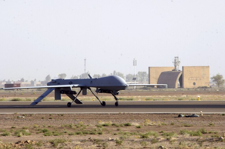 An MQ-1 Predator unmanned aerial vehicle taxis down the runway at Balad Air Base, Iraq, on Wednesday, June 14. The Predator can employ two laser-guided Hellfire anti-tank missiles. (U.S. Air Force photo/Airman 1st Class Andrew Oquendo) 