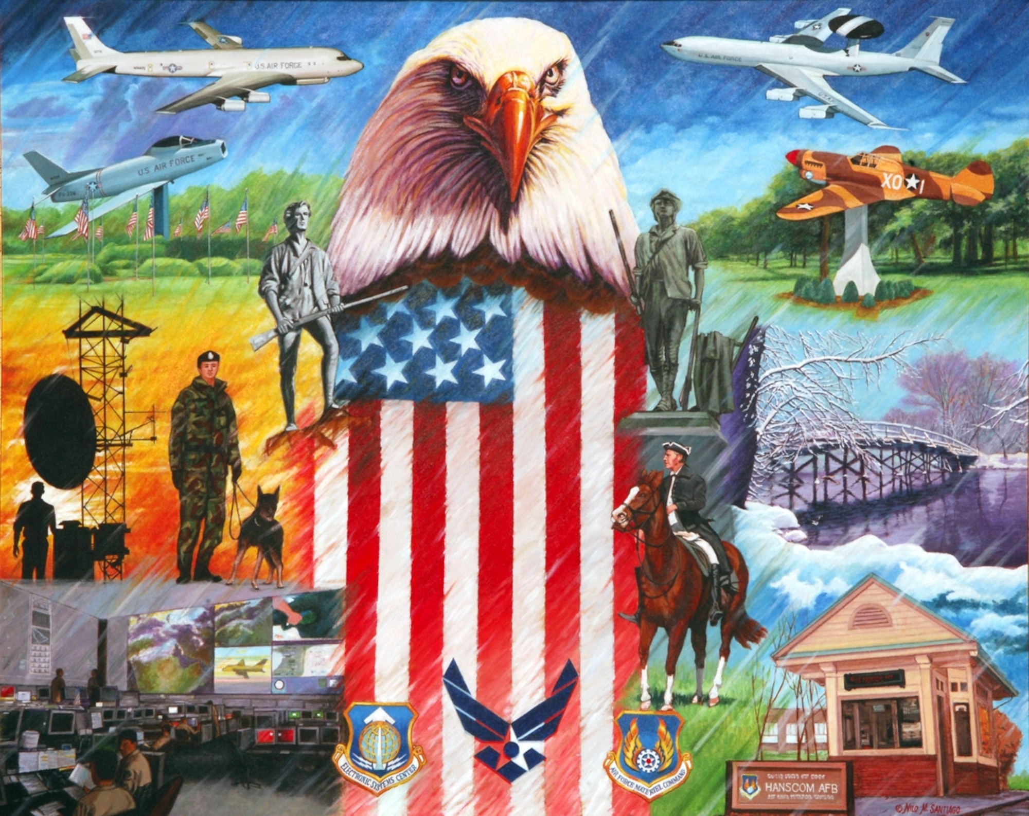 HANSCOM AIR FORCE BASE, Mass. — The newest addition to the Air Force Art Collection “Spirit of Hanscom” was unveiled June 15 at Hanscom The Minuteman Club. The painting features a collage of scenes that reflect the base and its mission.