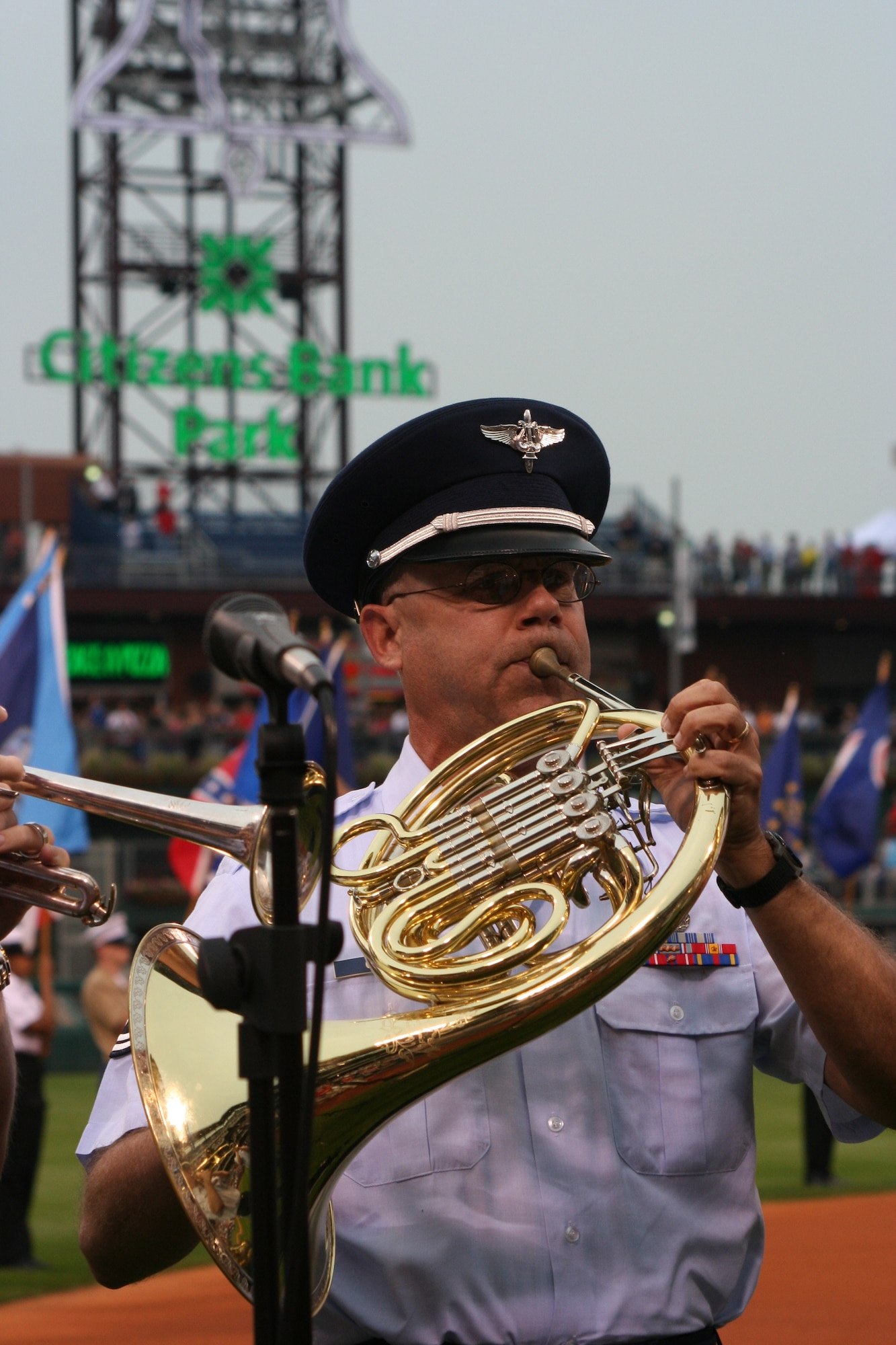 PHILADELPHIA, Pa. (ACCNS) – Tech. Sgt. David Crites, Heritage of America Band horn player, is one of five brass performing in a quintet that played the national anthem Wednesday, June 14, for the Philadelphia Phillies. This performance was the final activity in the "Salute the Military" pre-game ceremony. (Photo by Heddy Bergsman, Philadelphia Phillies)