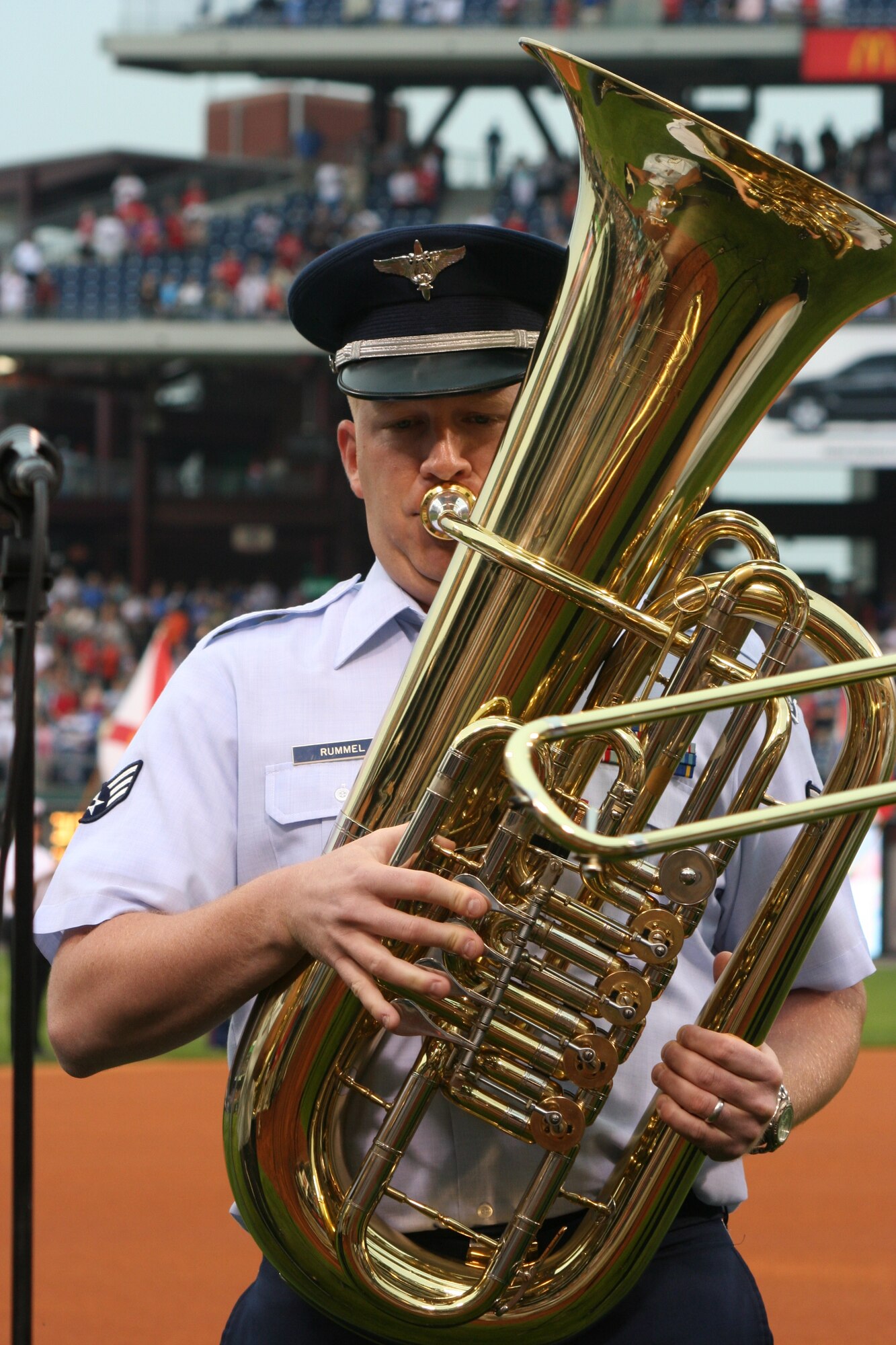 PHILADELPHIA, Pa. (ACCNS) – Senior Airman Andrew Rummel, Heritage of America Band tuba player, is one of five brass performing in a quintet that played the national anthem Wednesday, June 14, for the Philadelphia Phillies. This performance was the final activity in the "Salute the Military" pre-game ceremony. (Photo by Heddy Bergsman, Philadelphia Phillies)