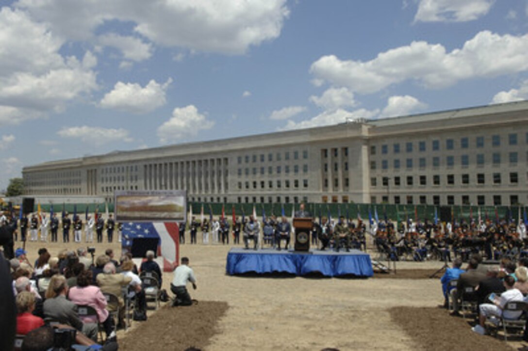 President of the Pentagon Memorial Fund Jim Laychak makes remarks at the groundbreaking ceremony for the Pentagon Memorial on June 15, 2006. The Pentagon Memorial will commemorate the 184 people killed in the Pentagon and on American Airlines Flight 77 on September 11, 2001. Laychak lost his brother David who worked at the Pentagon. 