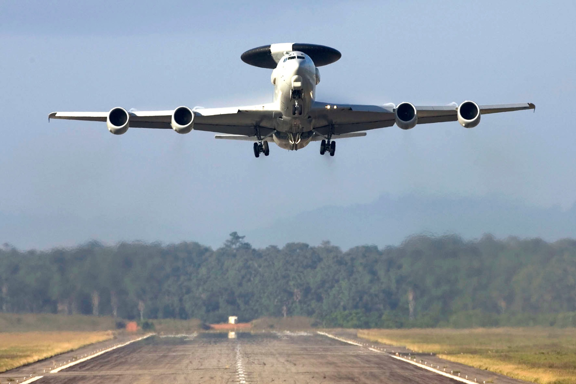 A French E-3F Airborne Warning and Control System aircraft takes off from Avord, France, for a final flight test leading up to the flight certification and delivery of the last aircraft to undergo the Radar System Improvement Program. The upgrade improves the E-3F's surveillance capability and electronic counter-countermeasures capability.  The upgrade was managed by the Electronic Systems Center at Hanscom Air Force Base, Mass. (Courtesy photo)