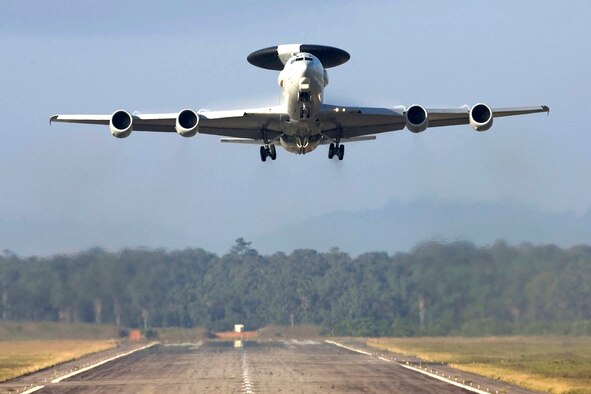 A French E-3F Airborne Warning and Control System aircraft takes off from Avord, France, for a final flight test leading up to the flight certification and delivery of the last aircraft to undergo the Radar System Improvement Program. The upgrade improves the E-3F's surveillance capability and electronic counter-countermeasures capability.  The upgrade was managed by the Electronic Systems Center at Hanscom Air Force Base, Mass. (Courtesy photo)