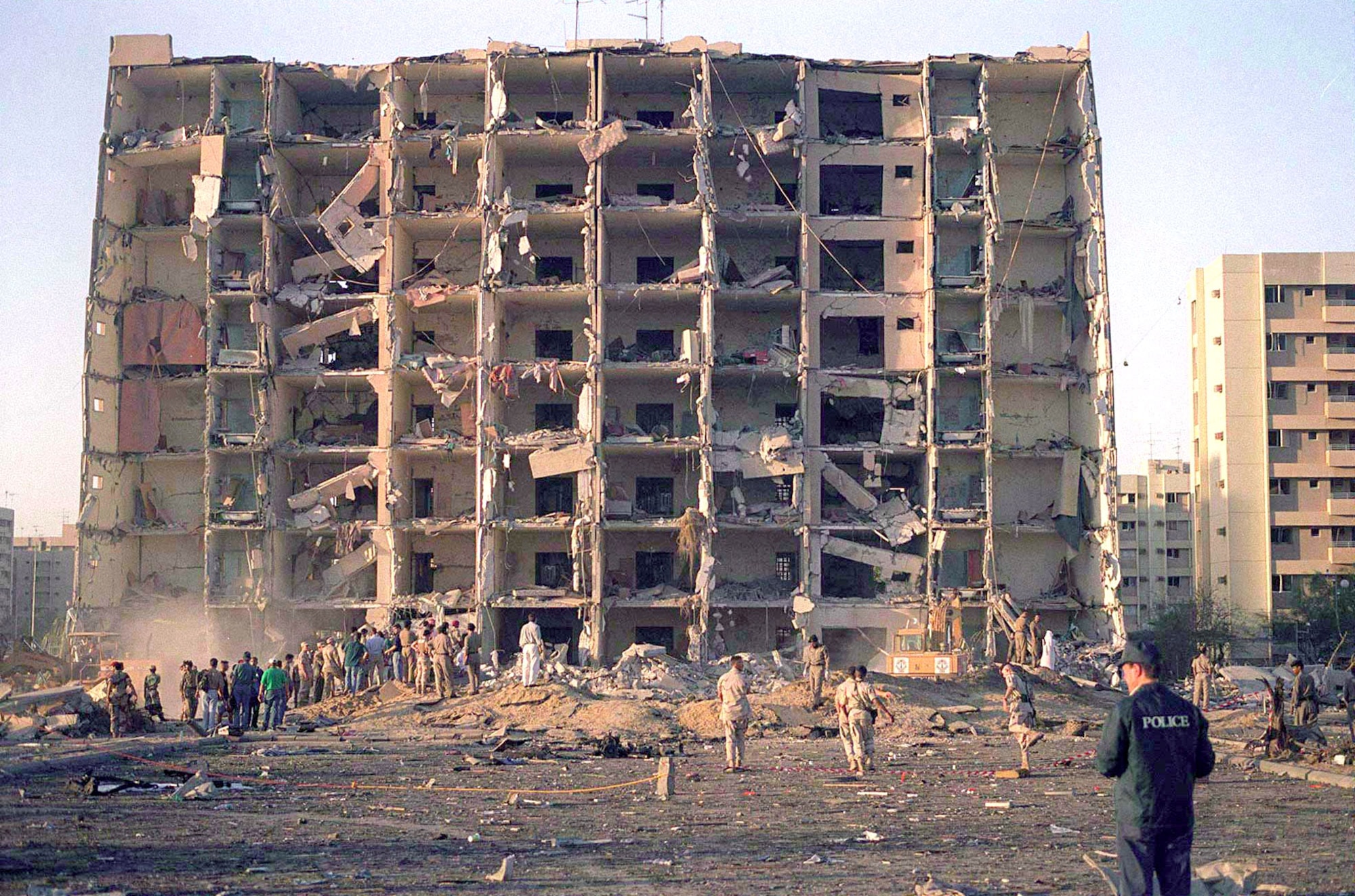 Nineteen Airmen died and hundreds were injured in the terrorist attack at Khobar Towers in Dhahran, Saudi Arabia, on June 25, 1996.  The front of Bldg. 131 was blown off when a fuel truck parked nearby was detonated by terrorists.  (Courtesy photo)

