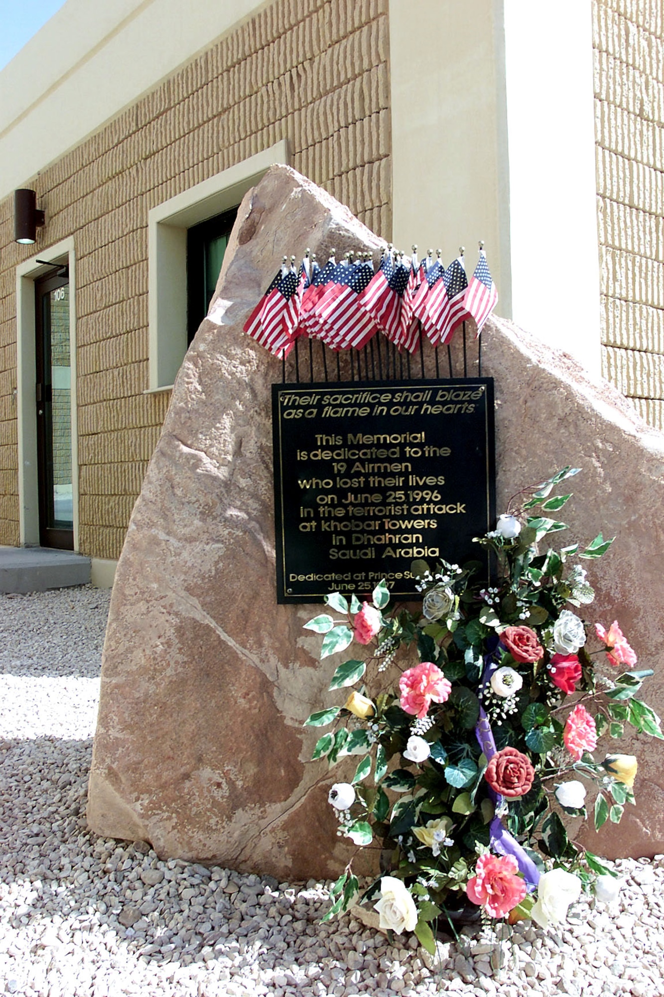 A memorial was created at the former Prince Sultan Air Base, Saudi Arabia, to honor the 19 Airmen who lost their lives on June 25, 1996, in the terrorist attack at Khobar Towers in Dhahran, Saudi Arabia. (Courtesy photo)
