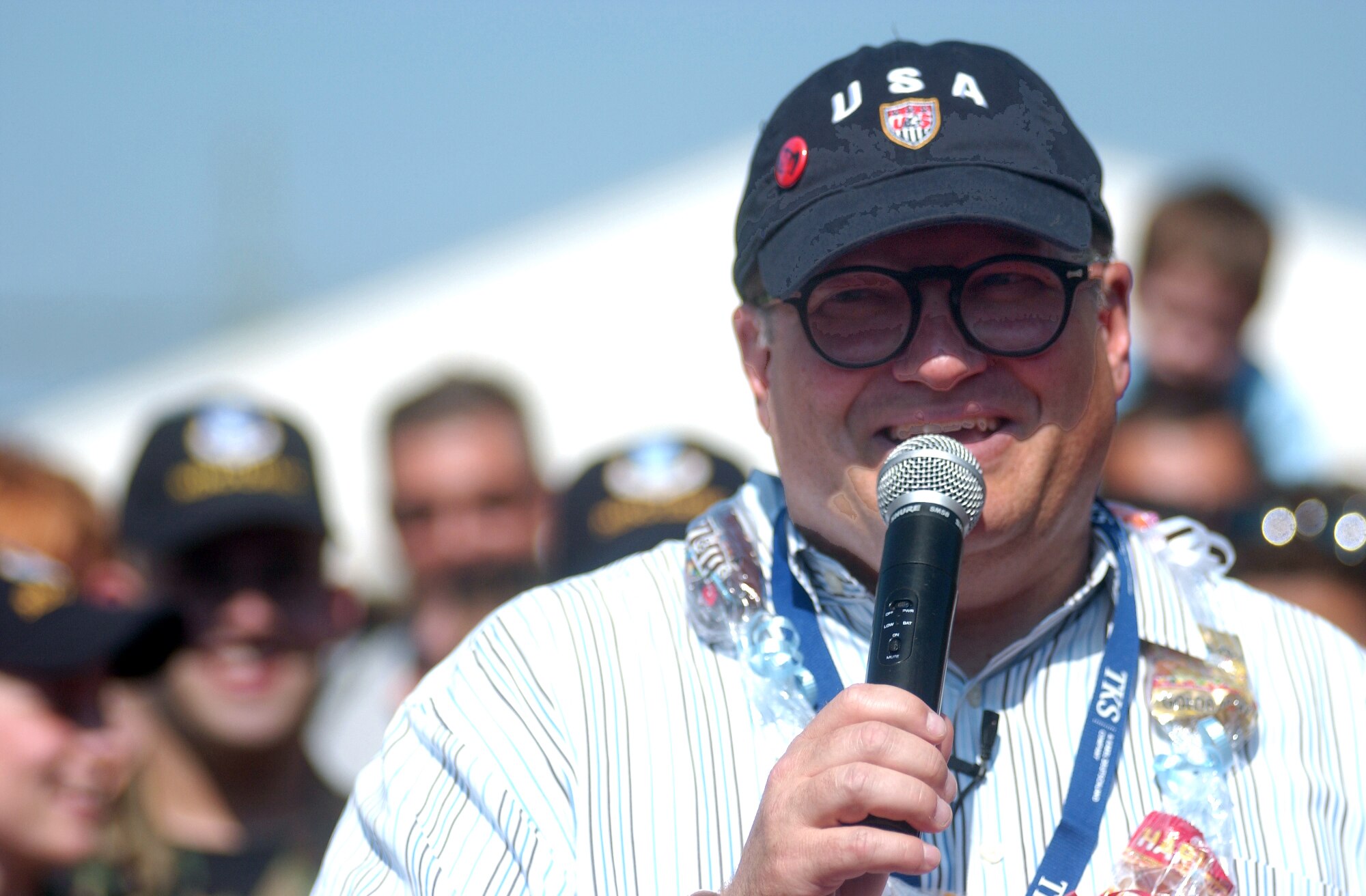 Drew Carey talks to the crowd at the World Cup Fest at Pulaski Park in Kaiserslautern, Germany, on Saturday, June 17. The comedian, actor and Marine Corps veteran was here covering the U.S. soccer team for a show on the Travel Channel. (U.S. Army photo/Christine June) 

