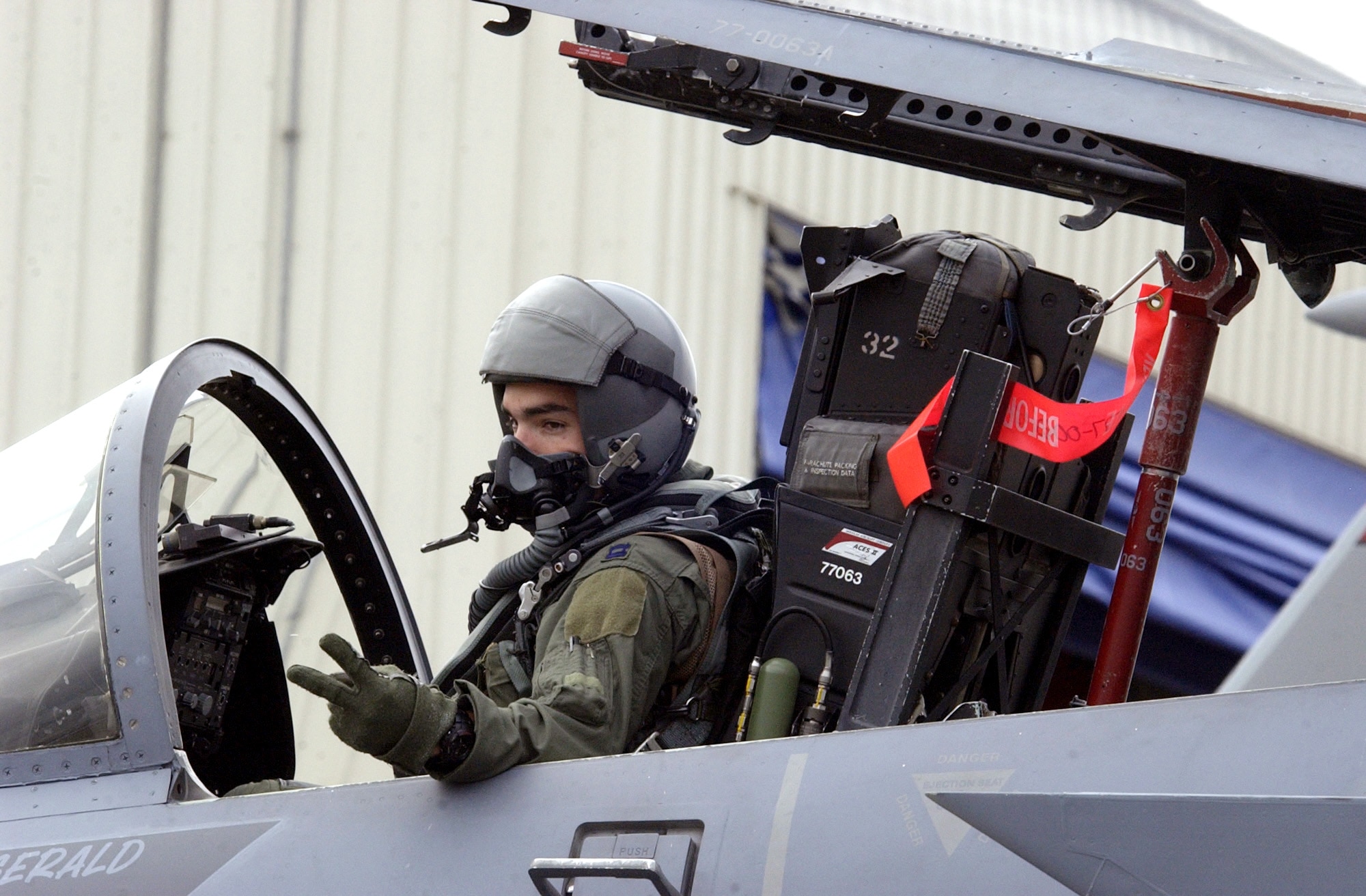 Capt. Aaron Manley motions to his crew chief on Wednesday, June 14, during an operational readiness inspection at Portland Air National Guard Base in Oregon. Captain Manley is assigned to the 142nd Fighter Wing. (U.S. Air Force photo/Senior Airman John Hughel) 
