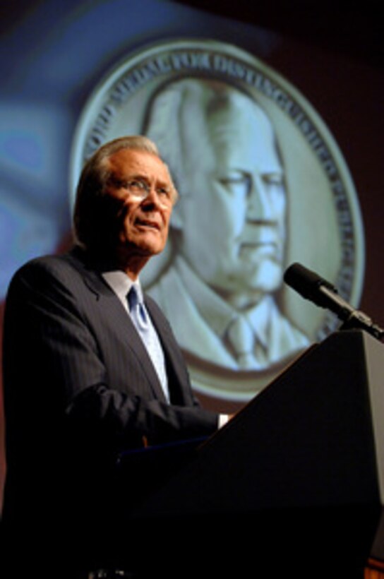 Secretary of Defense Donald H. Rumsfeld addresses the audience prior to the presentation of the Gerald R. Ford Medal for Distinguished Public Service at the National Archives in Washington, D.C., on June 19, 2006. The award was presented by the Gerald R. Ford Foundation to five service men and women representing all the branches of the armed services. Established in 2003, the award is given annually to an individual who has served the public good in the private or public sector. 