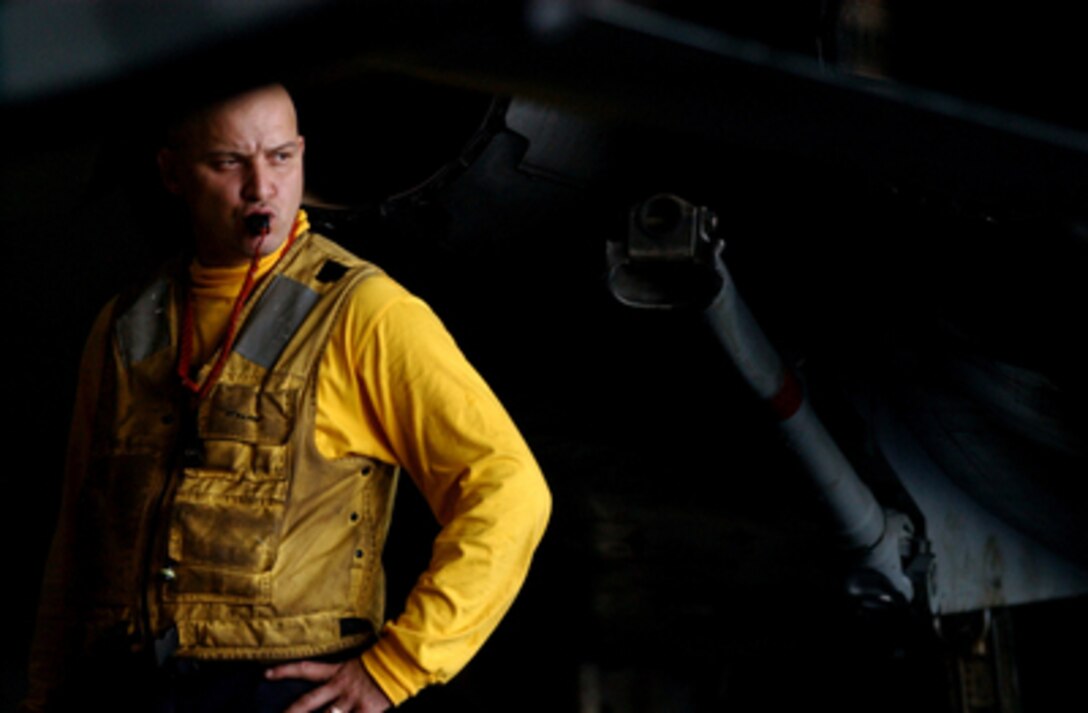 U.S. Navy Petty Officer 1st Class Joseph Jordan supervises the movement of aircraft in the hangar bay of the aircraft carrier USS Ronald Reagan (CVN 76) while under way in the Philippine Sea on June 22, 2006. The Reagan Carrier Strike Group is participating in exercise Valiant Shield 2006, a joint exercise consisting of 28 naval vessels, more than 300 aircraft, and approximately 20,000 service members from the Navy, Army, Air Force, Marine Corps and Coast Guard. 