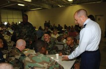 MINOT AIR FORCE BASE, N.D. -- Lt. Col. Robert Schutt, 5th Communications Squadron commander, introduces himself to fellow 5th CS Airmen at the 5th CS high bay June 19, 2006 after assuming his new command.  (U.S. Air Force photo by Airman 1st Class Cassandra Butler)                           