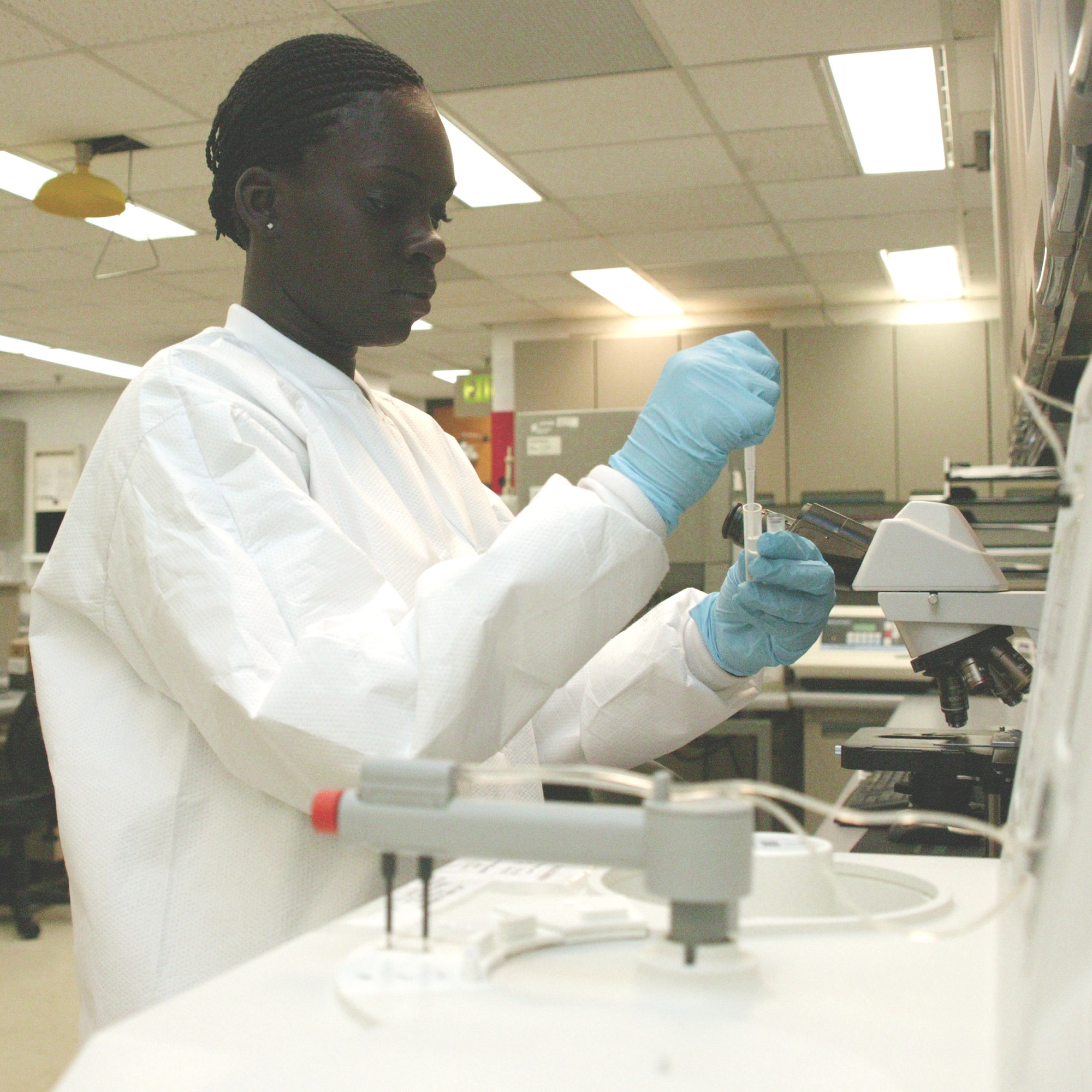 Senior Airman Frederica Rose, 20th MDSS medical laboratory technician, prepares to test a blood sample for clotting factors. (U.S. Air Force Photo/Tarsha Storey)