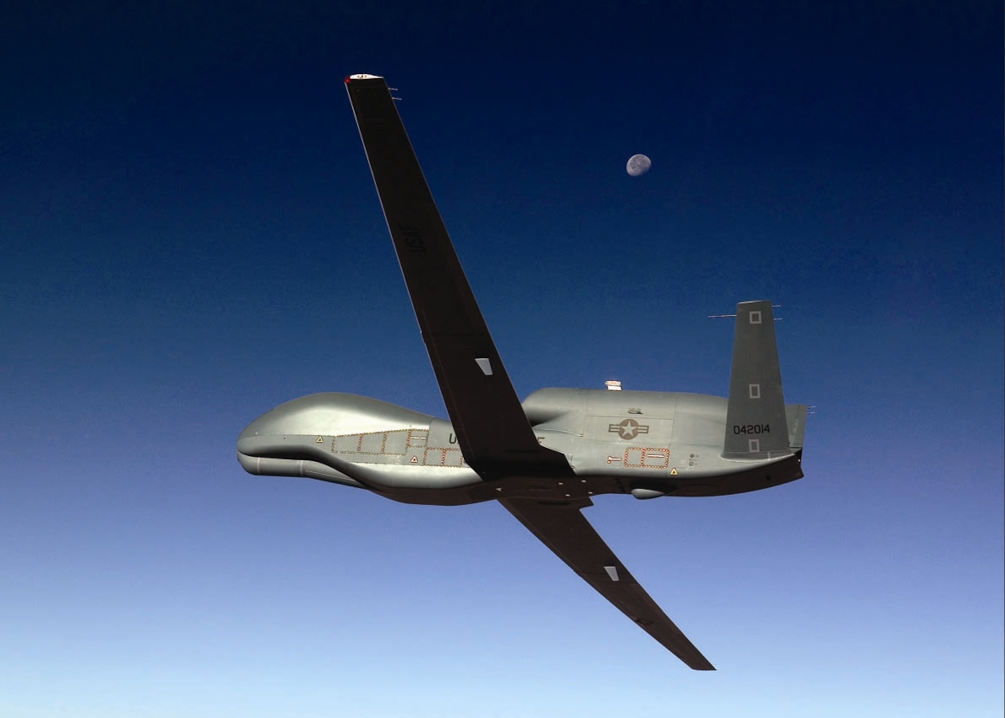 EDWARDS AIR FORCE BASE, Calif.— The last Block 10 production Global Hawk soars over the Mojave Desert on its way to Edwards Air Force Base for acceptance and operational check flights by the 452nd Flight Test Squadron before delivery to Beale Air Force Base, Calif. (Air Force photo by Jim Shryne)

