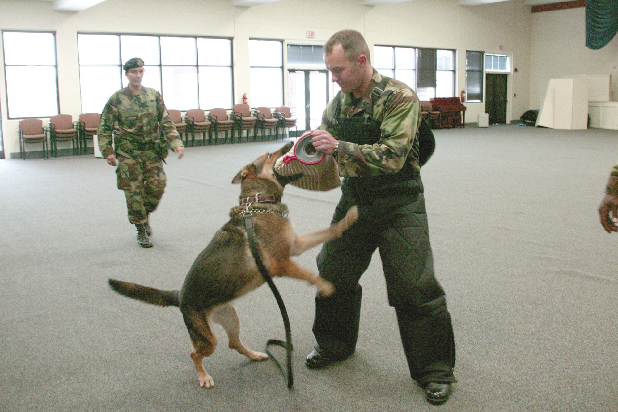 Cadet 2nd Class Jon Florsz, U.S. Air Force Academy, participates in a military working dog exercise Tueday with the help of 20th Security Forces MWD Aneta and her handler, Senior Airman Aymee Laurain.  (U.S. Air Force Photo/Tarsha Storey)
