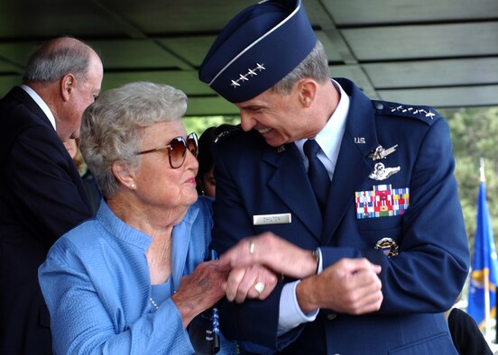 Gen. Kevin P. Chilton, commander of Air Force Space Command, shares a celebratory moment with his mother, Shirley Chilton, during his assumption of command ceremony on Monday, June 26, at Peterson Air Force Base, Colo. (U.S. Air Force photo/Tech. Sgt. Raheem Moore) 