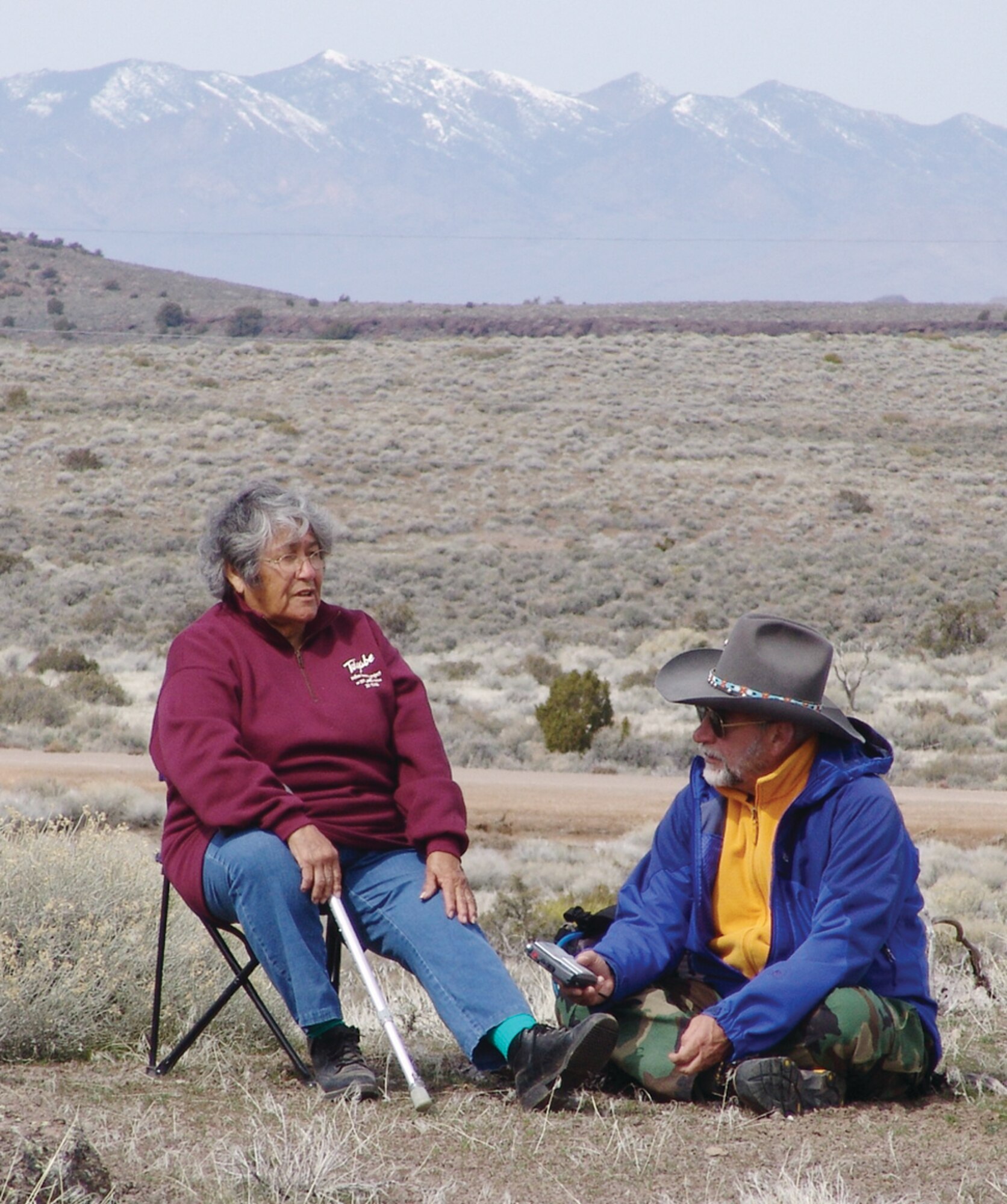 Timbisha Shshone (left) is interviewed by Dr. Richard Stoffle, associate research professor at the Bureau of Applied Research in Anthropology at the University of Arizona. Research has shown that the Black Mountain, Nev., volcanic landscape has special cultural significance to Native American tribes in the area. (Courtesy photo)