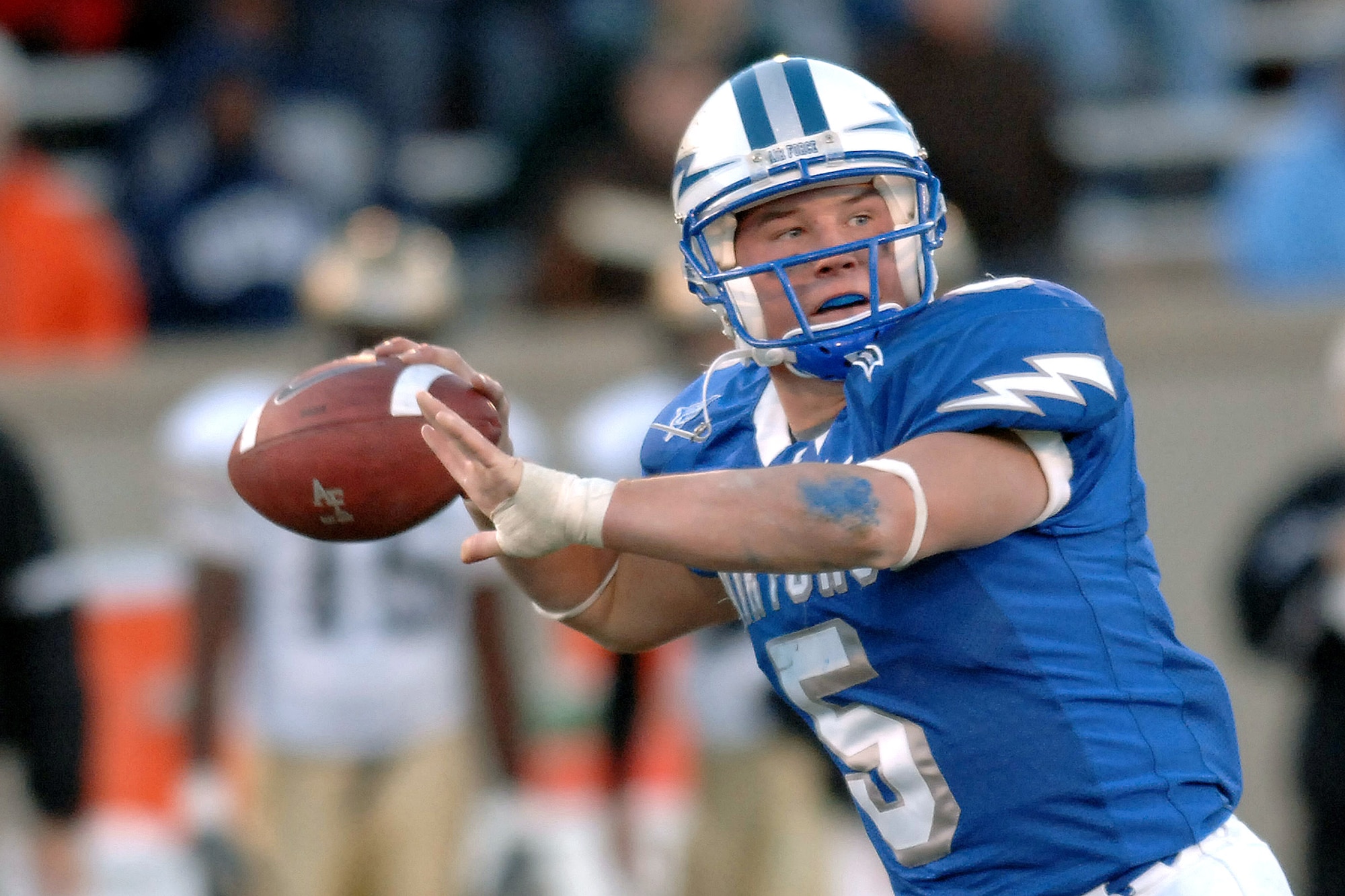 Air Force Head Coach Fisher DeBerry watches from the sidelines during the 2005 season. Though the season ended as the first consecutive losing season in more than two decades, DeBerry and the Falcons are determined to return a winning record as well as the Commander-in-Chief's Trophy to the academy in 2006. (U.S. Air Force photo/Danny Meyer)

