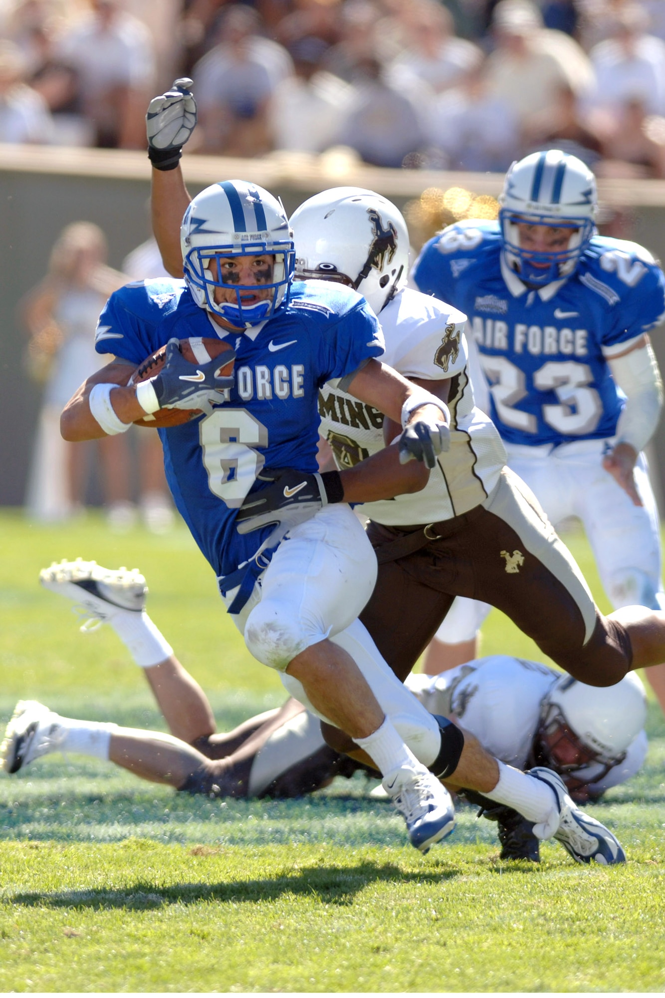Senior cornerback Chris Sutton, 6, and his Falcon teammates are determined to make every play count in the 2006 season. Air Force has finished in the top five in offensive rushing nearly every year for the past two decades, and the team has no plans of making this season an exception. (U.S. Air Force photo/David R. Armer)
