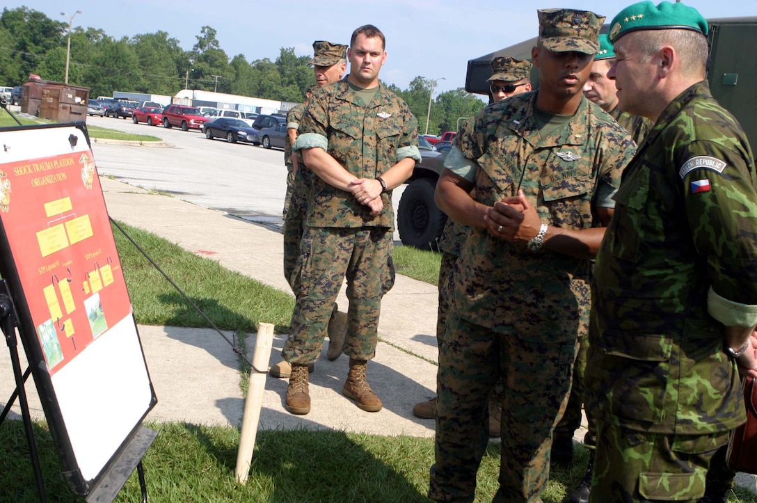 MARINE CORPS BASE CAMP LEJEUNE, N.C. (June 28, 2006) ?  Czech Lt. Gen. Jaroslav Kolkus is given a demonstration on a Surgical/Shock Trauma Platoon configuration by the sailors of 2nd Medical Battalion, 2nd Marine Logistics Group, June 28.  The particular S/STP the sailors of Bravo Surgical set up to show Kolkus included a stabilization tent, operating room, holding facility and an ancillary services lab. Kolkus is the 1st Deputy Chief of General Staff of the Czech Republic.