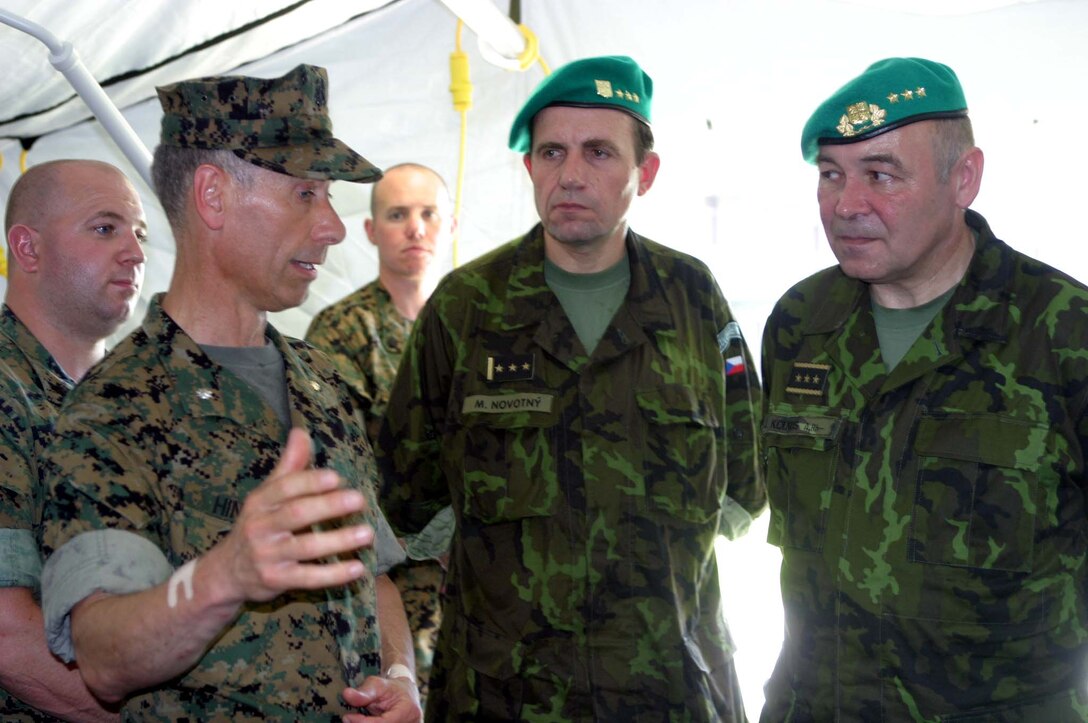 MARINE CORPS BASE CAMP LEJEUNE, N.C. (June 28, 2006) ? Czech Lt. Gen. Jaroslav Kolkus is given a demonstration on a Surgical/Shock Trauma Platoon configuration by the sailors of 2nd Medical Battalion, 2nd Marine Logistics Group, June 28. Kolkus was impressed with the concepts and sailors of 2nd Medical Bn. and spoke of working jointly with the Marines and Sailors in the future. Kolkus is the 1st Deputy Chief of General Staff of the Czech Republic.
