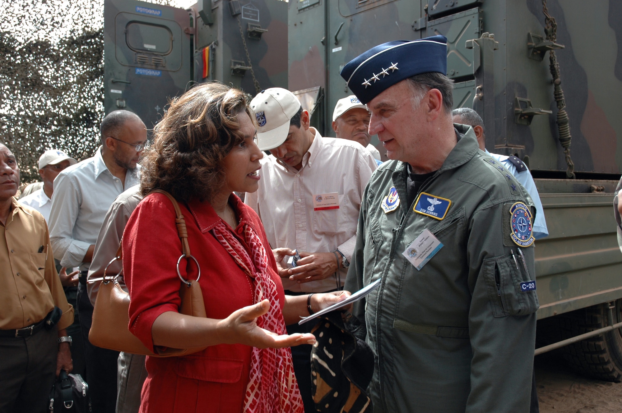 Gen. William T. Hobbins talks with Cristina Fontes Lima, Cape Verde Defense Minister, during a distinguished visitor day for Exercise Steadfast Jaguar in Sao Vicente, Cape Verde, on Friday, June 23. More than 7,000 NATO servicemembers from land, maritime and air components are participating in the exercise, which ends today. General Hobbins is the commander of U.S. Air Forces Europe, and Air Component Command Ramstein, as well as director of the Joint Air Power Competency Center at Ramstein Air Base, Germany. (U.S. Air Force photo/Capt. Krista Carlos)