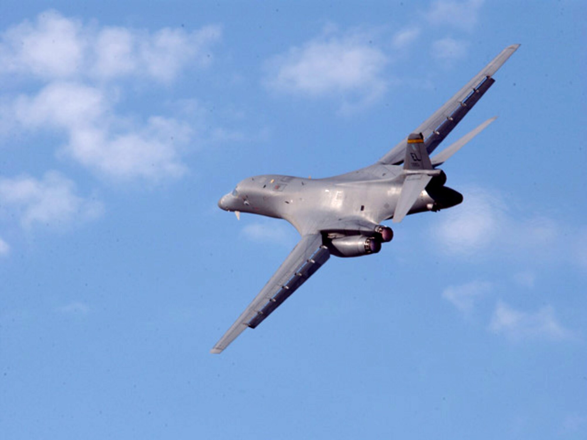 A B-1 Lancer from the 28th Bomb Wing flies over Ellsworth Air Force Base, S.D., on Tuesday, June 27, during an operational readiness exercise. The B-1 is loaded with dummy bombs during the exercise. (U.S. Air Force photo/Airman 1st Class Anthony Sanchelli) 
