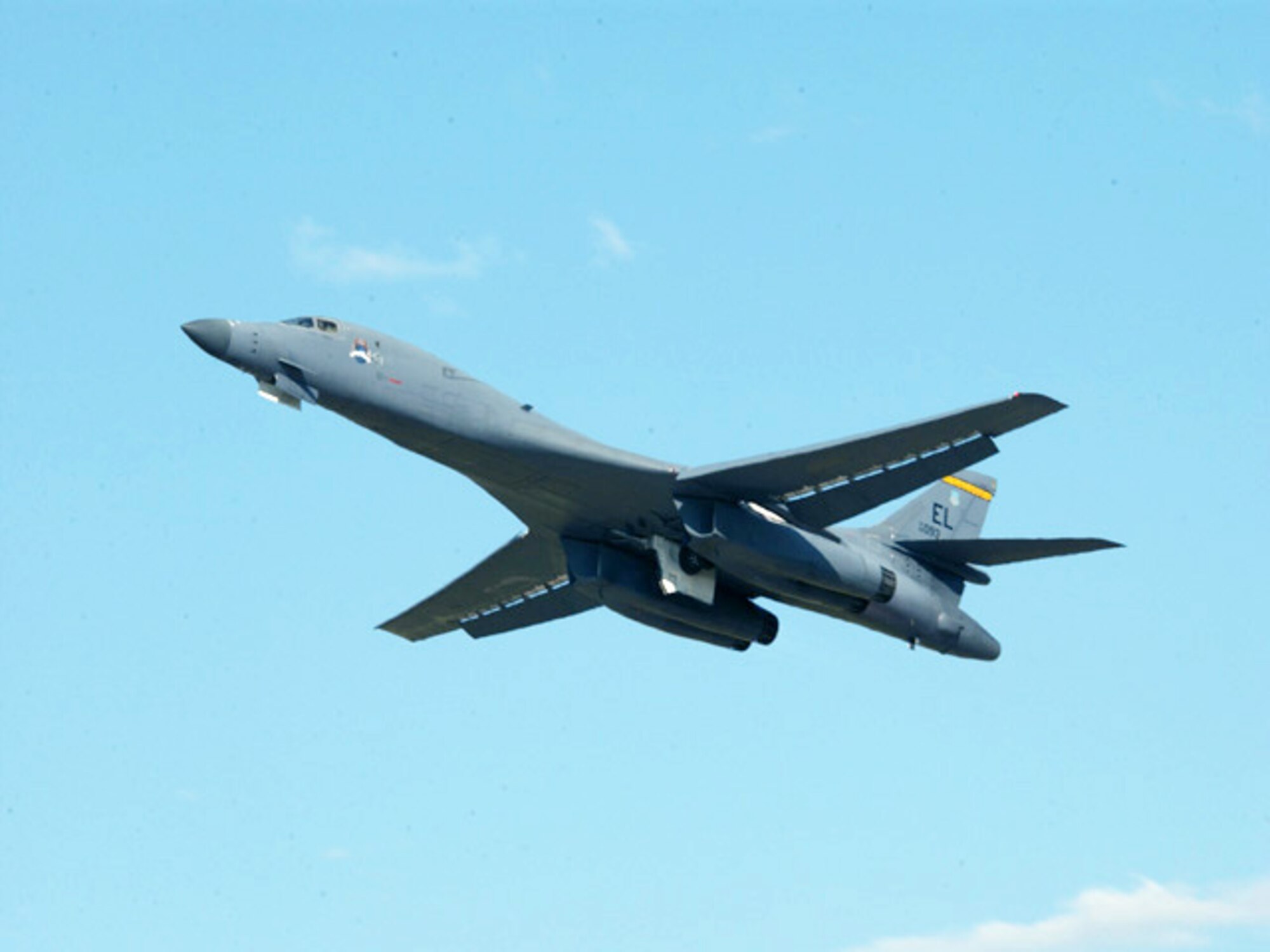 A B-1 Lancer from the 28th Bomb Wing takes off from Ellsworth Air Force Base, S.D., on Tuesday, June 27, during an operational readiness exercise. The B-1 is loaded with dummy bombs during the exercise. (U.S. Air Force photo/Airman 1st Class Anthony Sanchelli) 
