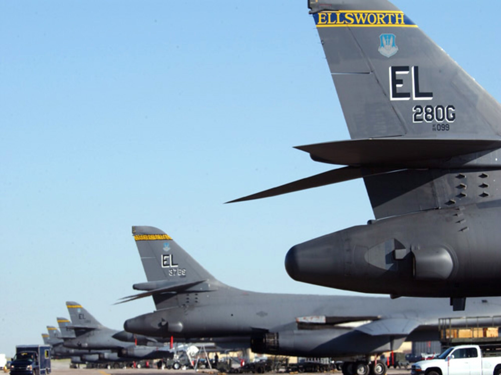 B-1 Lancers from the 28th Bomb Wing are readied for takeoff on the flightline at Ellsworth Air Force Base, S.D., on Tuesday, June 27. The B-1s are loaded with dummy bombs for an operational readiness exercise. (U.S. Air Force photo/Airman 1st Class Anthony Sanchelli) 
