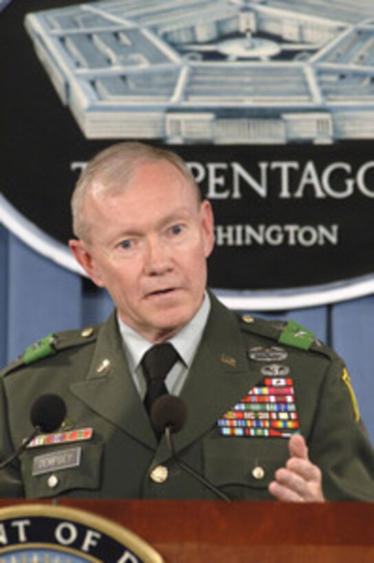 Commander of the Multi-national Security Transition Command in Iraq Lt. Gen. Martin Dempsey, U.S. Army, updates reporters on the transition of Iraqi forces assuming the duties and responsibilities which U.S. forces are currently providing during a Pentagon press conference on June 27, 2006. 