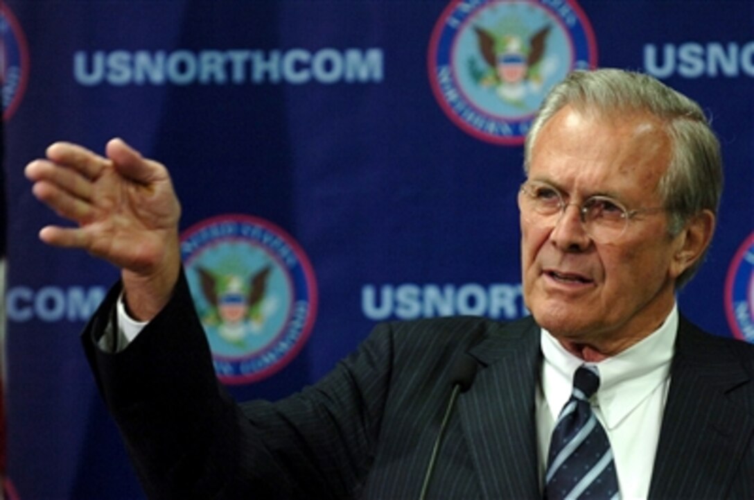 Defense Secretary Donald H. Rumsfeld speaks to the press during a media availability at U. S. Northern Command in Colorado Springs, Colo., May 31, 2005. Rumsfeld was in the area to give the keynote address to the 2006 graduating class at the U.S. Air Force Academy.