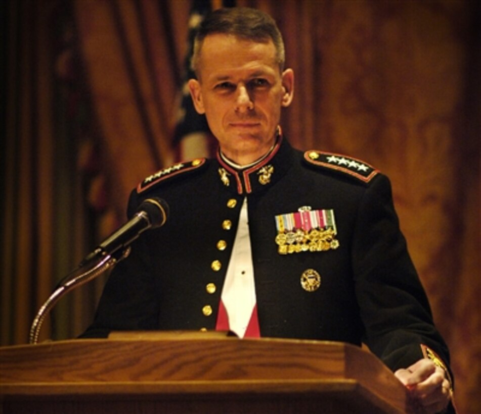 Chairman of the Joint Chiefs of Staff U.S. Marine Gen. Peter Pace waits for the ovation to finish after he received the Global Service Award on behalf of the U.S. Armed Forces from the World Affairs Council of Washington, D.C. on April 4, 2006. 