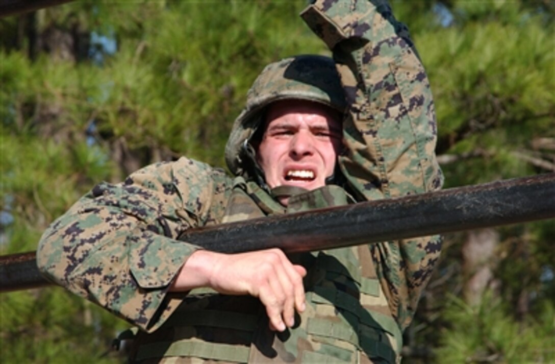 U.S. Marine Corps Cpl. Jeffery A. Raider, an infantryman with 2nd Assault Amphibian Battalion, 2nd Marine Division, grimaces as he makes his way over the obstacle course’s parallel bars at Camp Lejeune, N.C., March 12, 2006. As part of a four-hour long evaluation known as the final drill, the obstacle course is just one of the many events that tests students of the Marine Corps Martial Arts Instructor Course. 