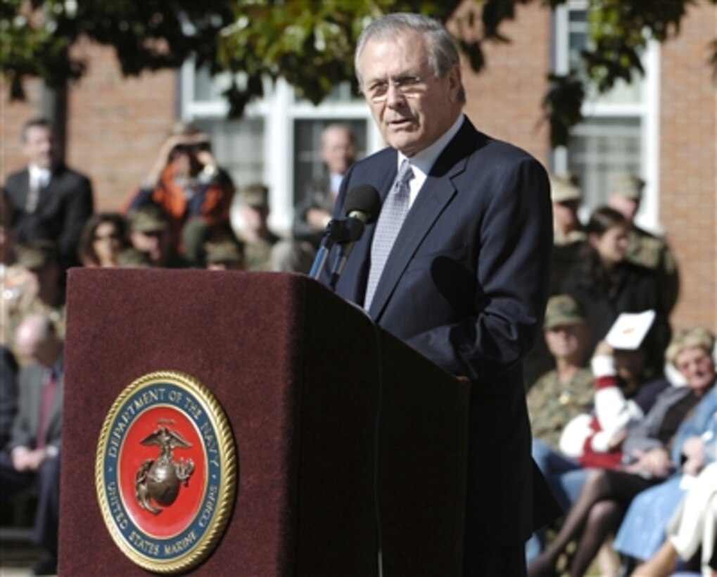 Defense Secretary Donald H. Rumsfeld speaks during the activation ceremony for the U.S. Marine Corps Special Operations Command on Camp Lejeune, N.C., Feb. 24, 2006. The command will deploy Marine Corps special operations forces worldwide. 