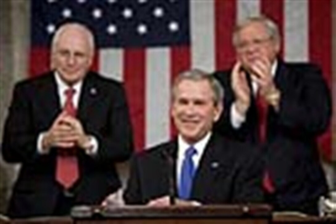 President George W. Bush reacts to applause during his State of the Union Address at the Capitol, Tuesday, Jan. 31, 2006.