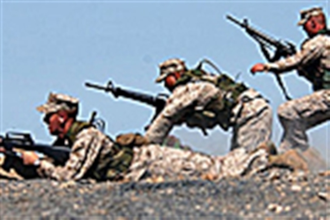 U.S. Marine Corps Lance Cpls. Graham Goodman, Jimmy Nettavong and Steven Jacobs, all members of the Provisional Security Company, compete in a firing drill during the East African Armed Forces Rifle Championship at Stony-Athi Range in Nairobi, Kenya, Sept. 23, 2005. U.S., Dutch and French servicemembers from Combined Joint Task Force Horn of Africa are participating.