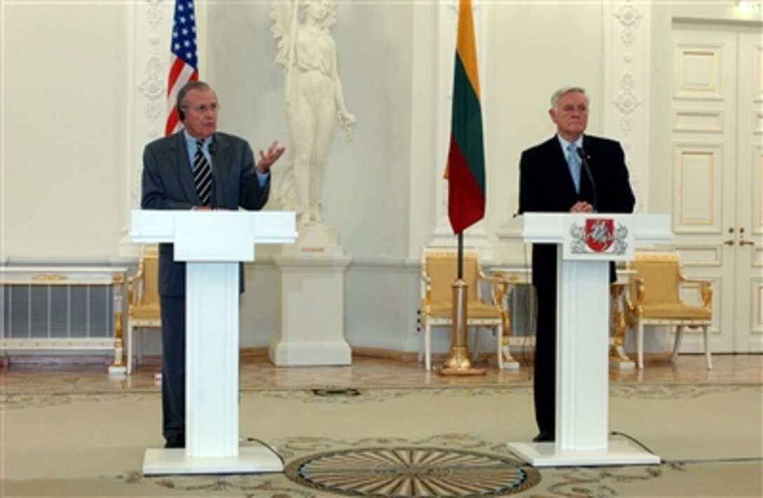 Defense Secretary Donald H. Rumsfeld and Lithuanian President Valdas Adamkus participate in a press availability conference while in Vilnius, Lithuania, Oct. 23, 2005. Rumsfeld traveled to Lithuania to attend the NATO-Ukraine High Level Consultations.