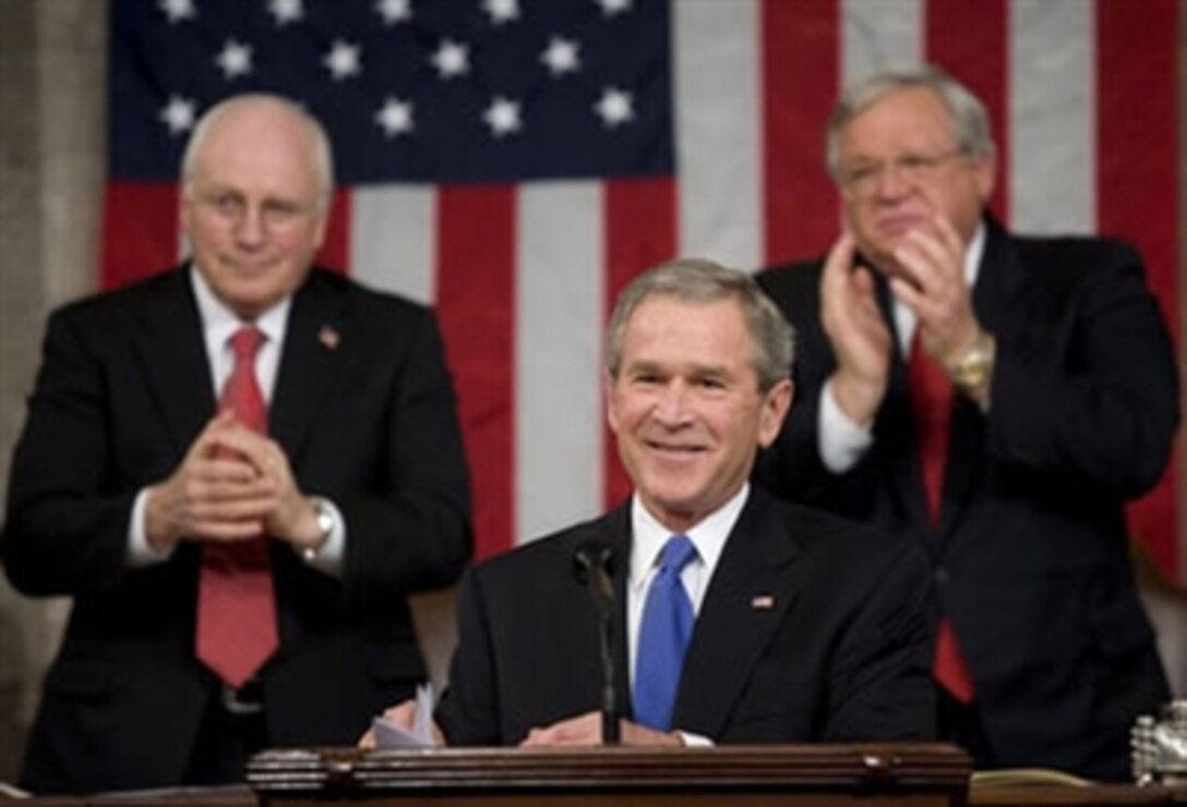 President George W. Bush reacts to applause during his State of the Union Address at the Capitol, Tuesday, Jan. 31, 2006. 