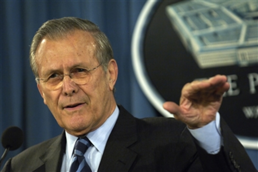 Defense Secretary Donald H. Rumsfeld answers a reporter's question during a press briefing about Army force levels and capabilities held at the Pentagon , Jan. 25, 2006. 
