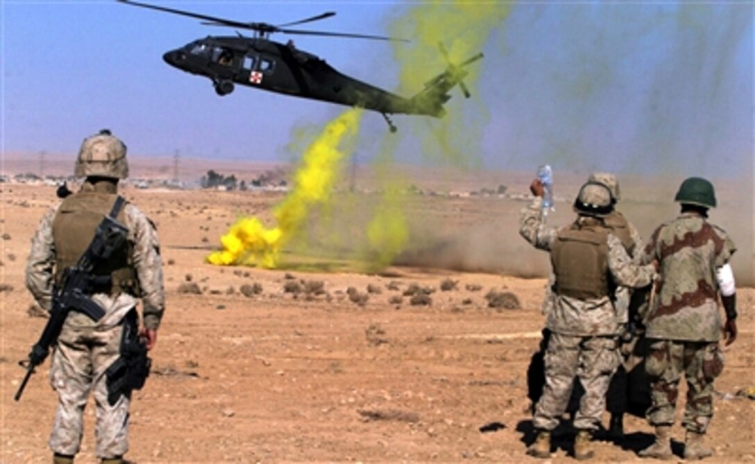 A U.S. Army UH-60 Blackhawk helicopter prepares to land near Ubaydi, Iraq prior to medically evacuating a wounded Iraqi Army soldier, Nov. 14, 2005. U.S. Navy hospital corpsmen assigned to Battalion Aid Station, 2nd Battalion, 1st Marines, wait with the soldier who was wounded during Operation Steel Curtain, a joint U.S.-Iraqi military offensive aimed at preventing cells of Al Qaeda from entering Iraq through the Syrian border. 